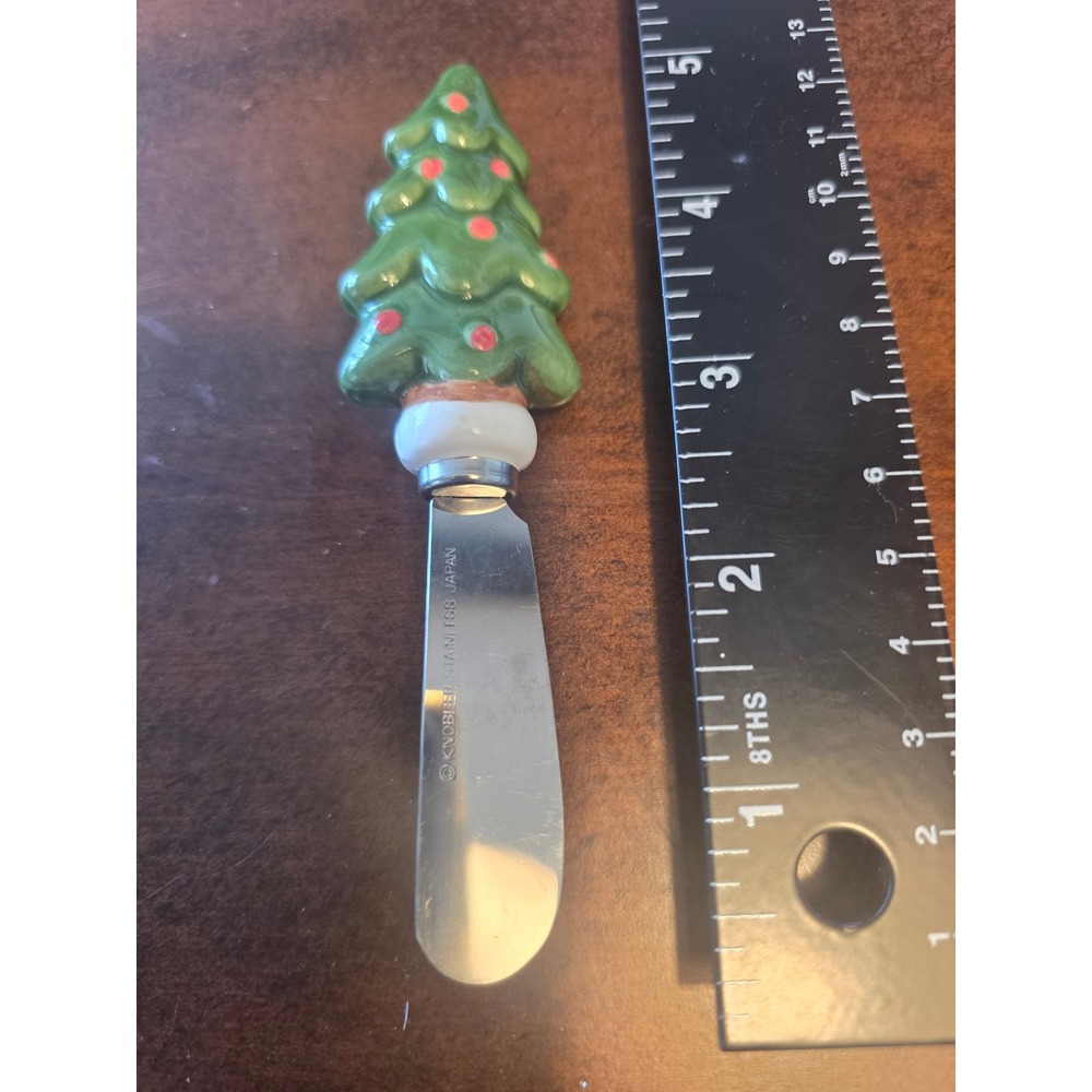 Knobler Japan Christmas Tree Cheese Spreader Stainles Steel Ceramic Handle Green